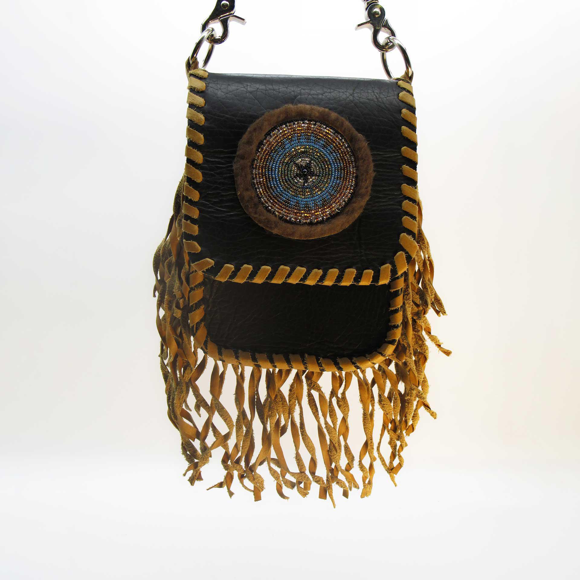 Hand Braided Buffalo Leather Fringe Shoulder Bag with Buffalo Fur & Beaded Accent