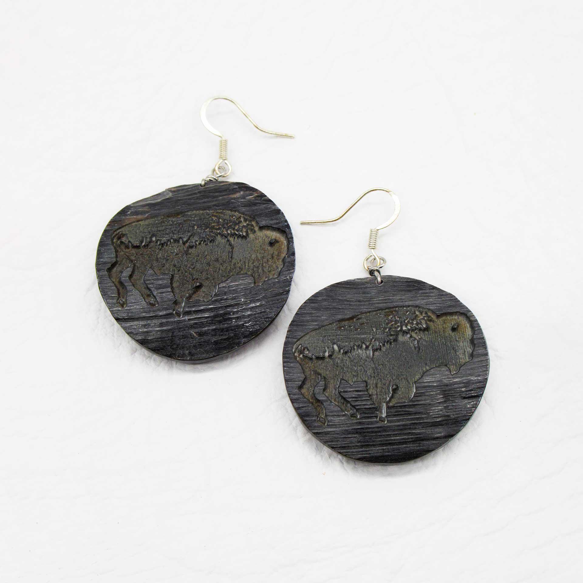 Carved Bison on Horn Cap Round Disc Earrings