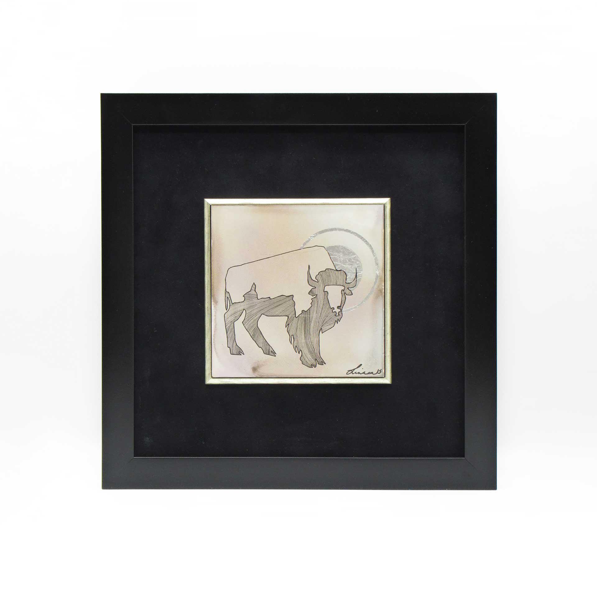 "Buffalo Sunrise" Framed Original Mixed Media (6" x 6") by Linnea