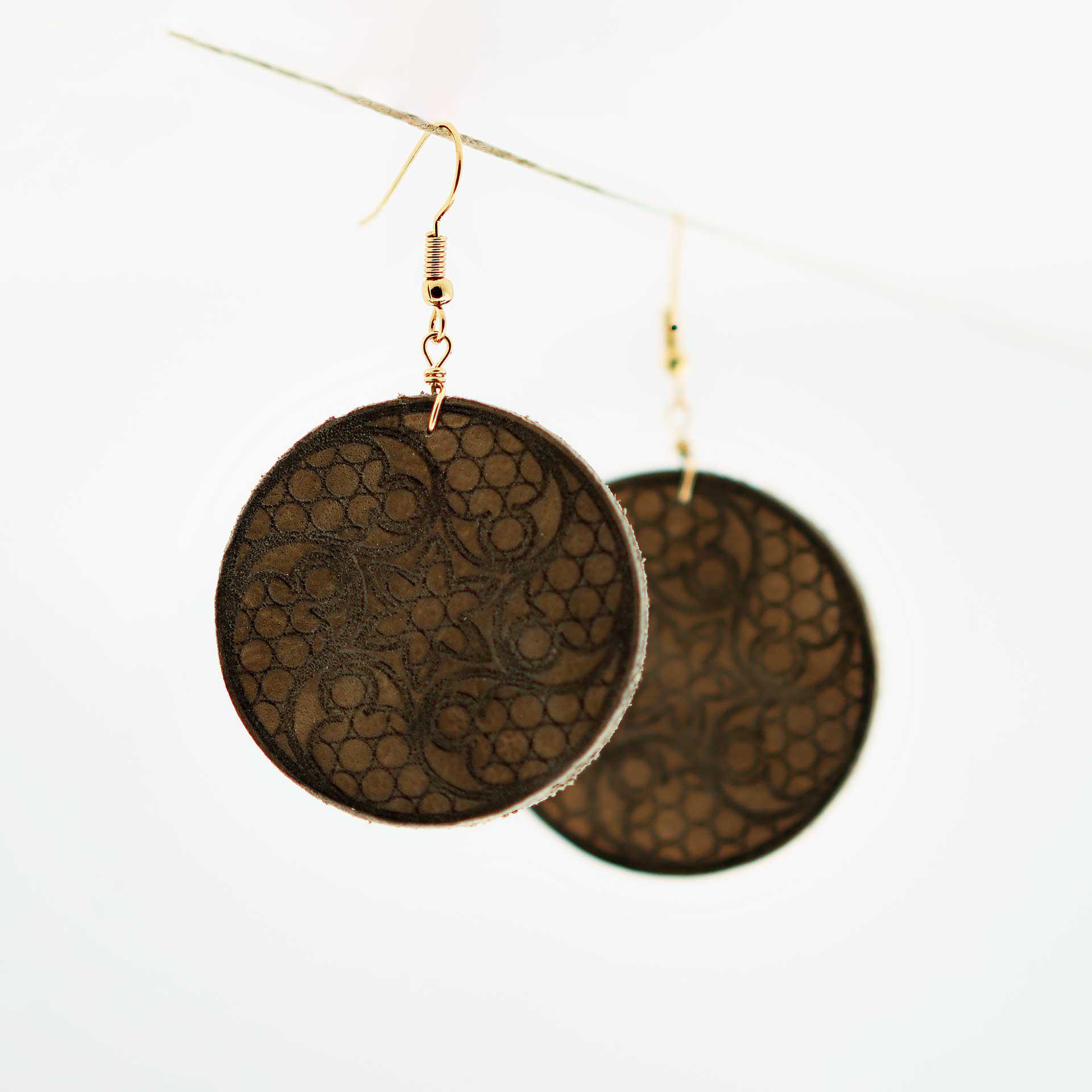 Artist Leather Pressed Wood Earrings - Round Mandala