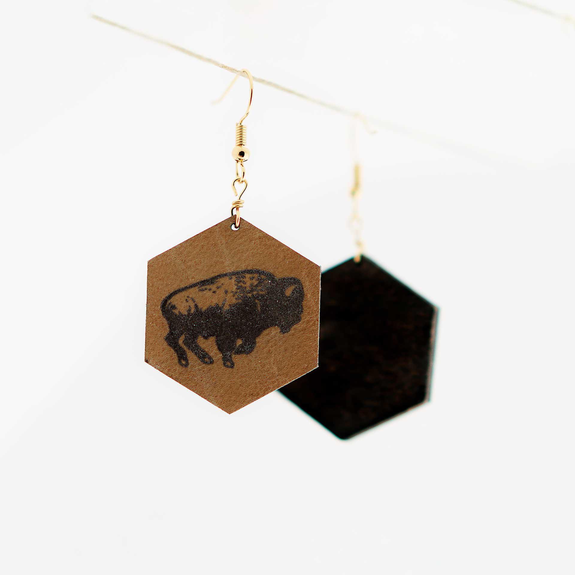 Artist Leather Pressed Wood Earrings - Buffalo on Hexagon