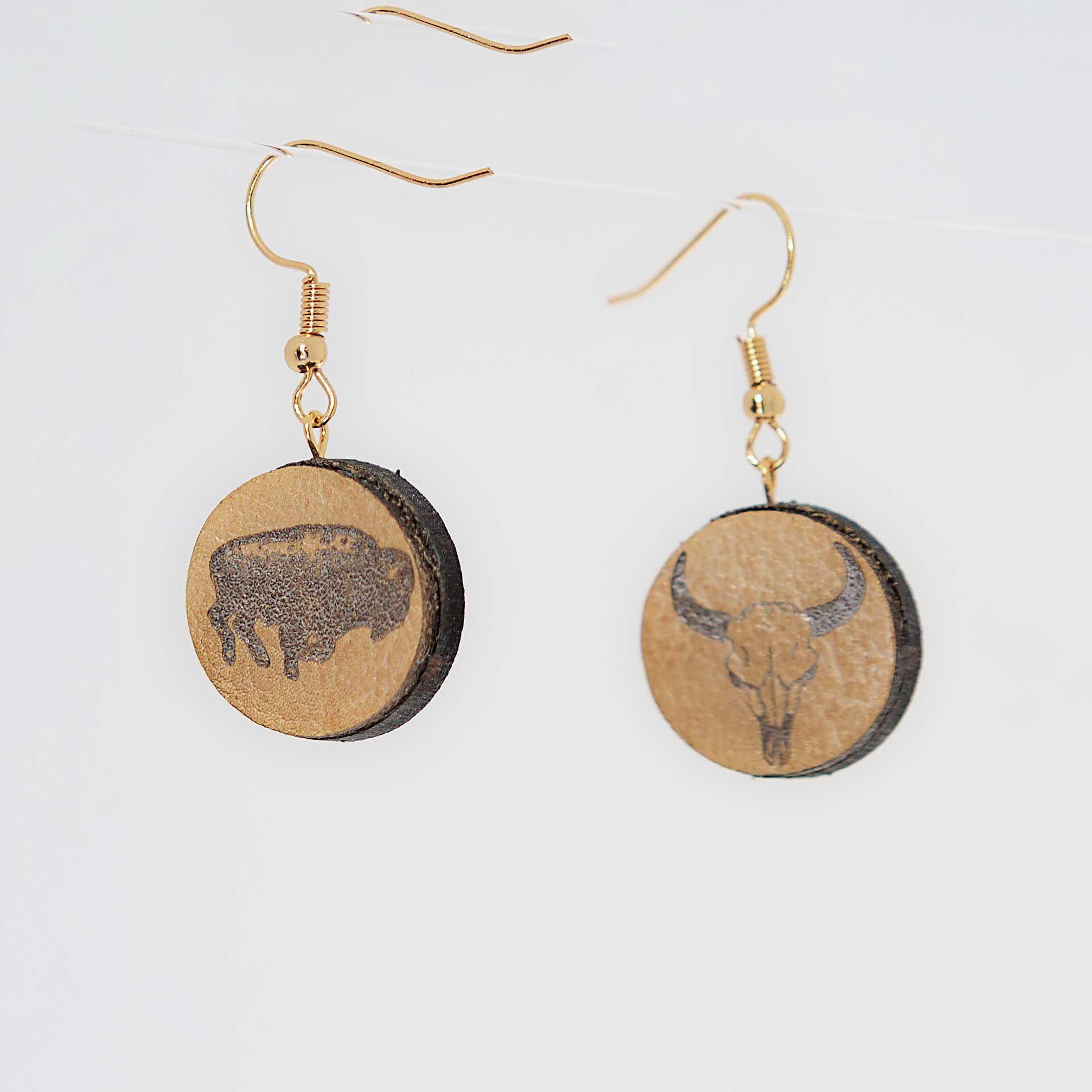 Small Artist Leather Pressed Wood Earrings - Round Buffalo Skull & Buffalo