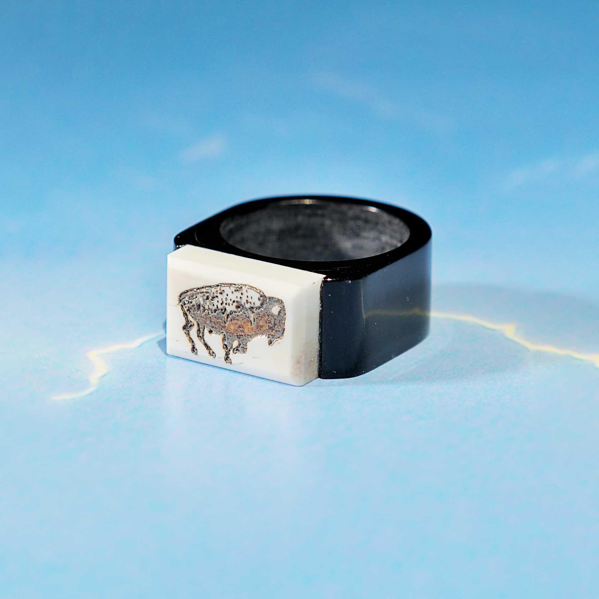 Bison Horn & Bone with Etched Buffalo Ring - Size 11