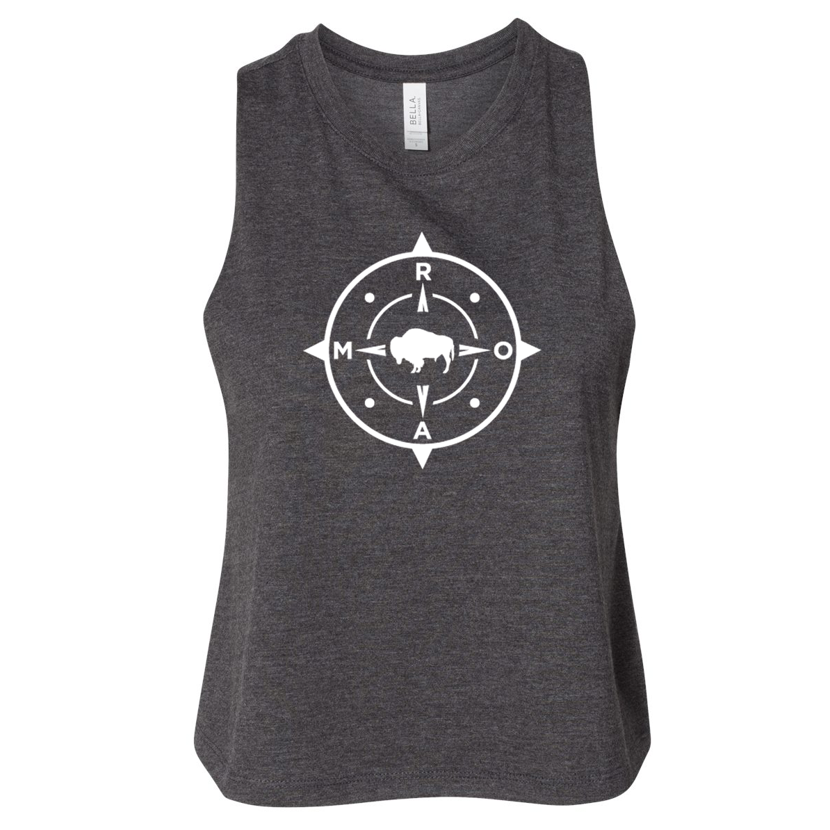 Big Buffalo Roam Compass Ladies Razorback Cropped Tank - Dark Grey Heather