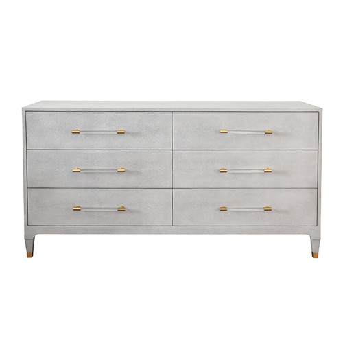 Coco Chanel once said "simplicity is the keynote of all true elegance," and we couldn't find a truer statement to describe our six drawer Maren chest. Dressed in luxurious dove grey faux shagreen and accented with acrylic and antique brass hardware pulls.  Antique brass ferrule foot caps complete the elegant look.  

70" W X 36.25" H X 20" D 

Width:70.00"
Height:36.25"
Depth:20.00"