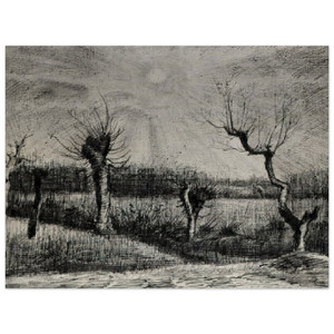 Vincent van Gogh Landscape Willows Sun Clouds Wood Print
