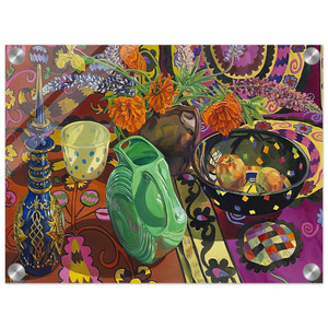 Janet Fish  BLUE DECANTER POLKA DOT BOWL SUZANI 2009 Acrylic Print