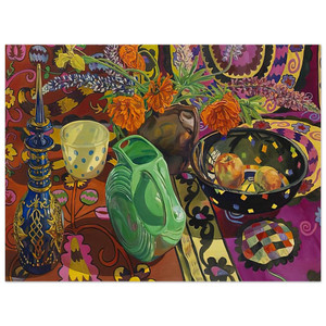 Janet Fish  BLUE DECANTER POLKA DOT BOWL SUZANI 2009 Wood Print