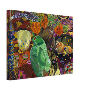 Janet Fish  BLUE DECANTER POLKA DOT BOWL SUZANI 2009 Canvas