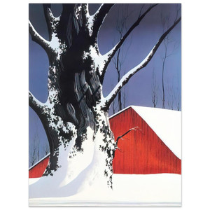 Eyvind Earle  Red Barn and Tree Snow Aluminum Print