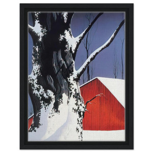 Eyvind Earle  Red Barn and Tree Snow Framed Canvas