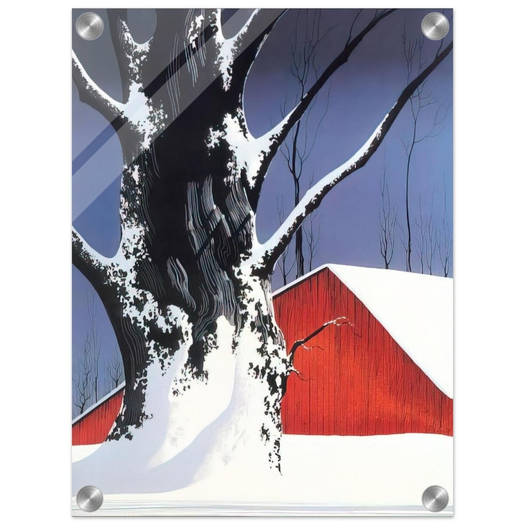 Eyvind Earle  Red Barn and Tree Snow Acrylic Print