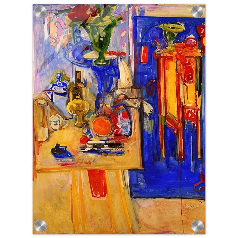 Hans Hofmann  Table with Teakettle Green Vase and Red Flowers Acrylic Print