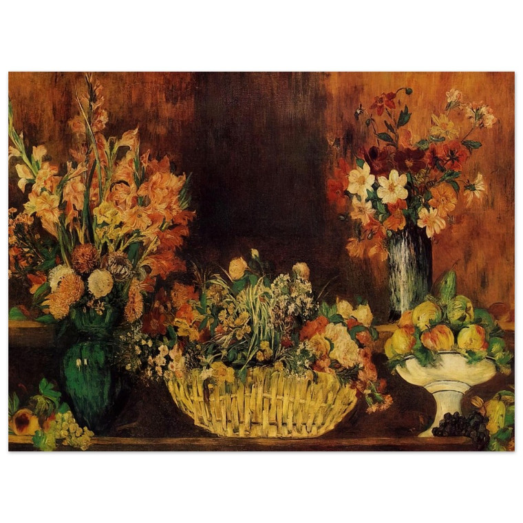 PierreAuguste Renoir  Vase Basket of Flowers and Fruit Wood Print