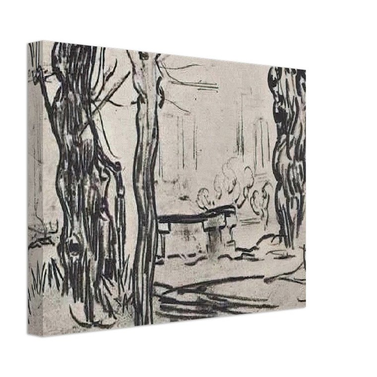 Vincent van Gogh  Garden of the Asylum and Tree Trunks and a Stone Bench Canvas