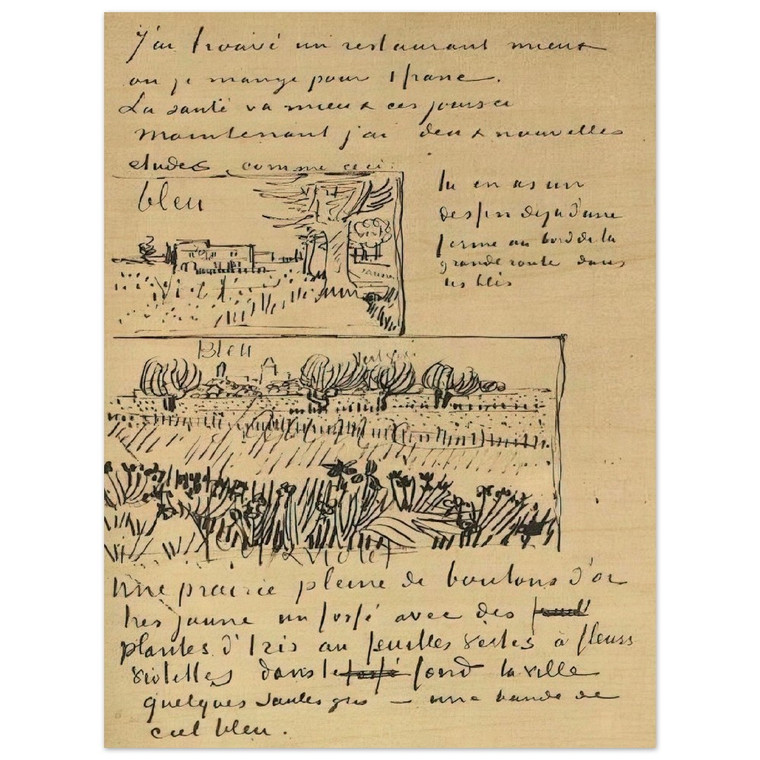 Van Gogh Farmhouse, Road, Wheat Field, Flowers Wood Print