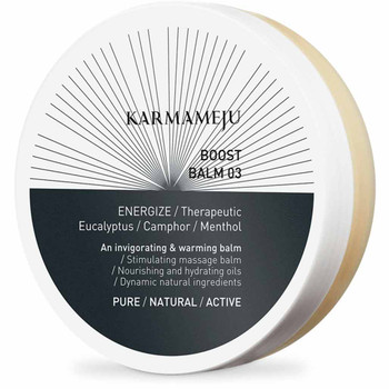 Karmameju BOOST Balm er en plantebasert balm stimulerer og vramer ømme muskler, lindrer og renser ved forkjølelse. Plantebasert.