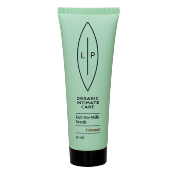 Lip Gel-to-Milk Coconut Scrub, en mild skrubb som motvirker inngrodde hår etter voksing eller barbering av underliv og bikinilinje.
