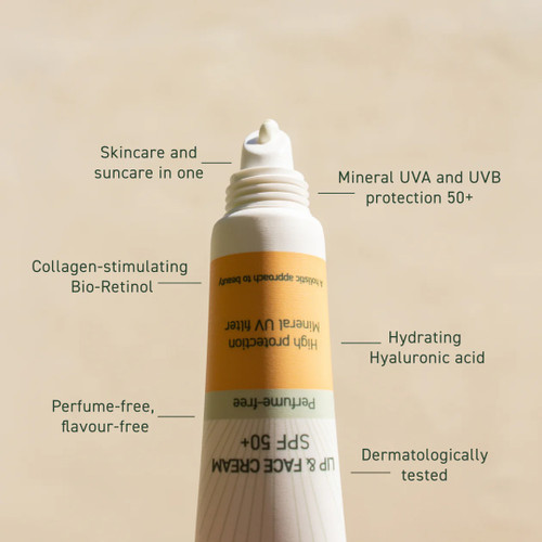 Karmameju Lip & Face Cream SPF 50+ med sinkoksid, hyaluronsyre og Bio-Retinol fra moth bean-ekstrakt