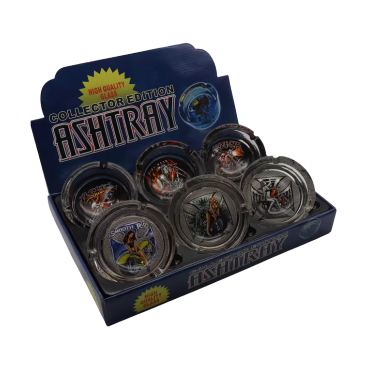 Glass Ashtray - Box #2 - Biker Designs - 6ct Display