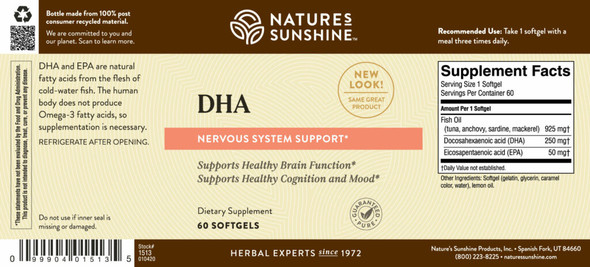 Nature's Sunshine DHA 60 Capsules #1513 Ingredients