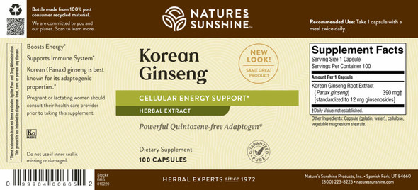 Nature's Sunshine Korean Ginseng 100 Capsules, Ingredients