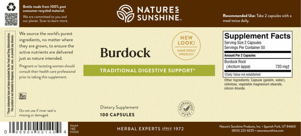 Nature's Sunshine Burdock 100 Capsules, Ingredients