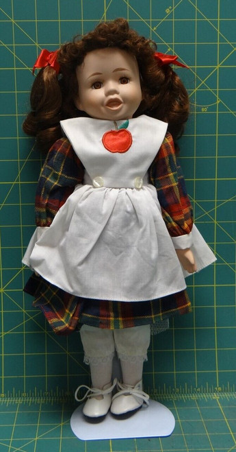 Porcelain/Cloth Doll With Stand 15-1/2" Tall With Plaid Dress