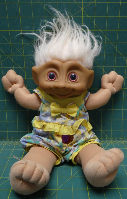 12" Treasure Troll Plush Doll With Pink Eyes, and Pink Hair, with a Flower Dress