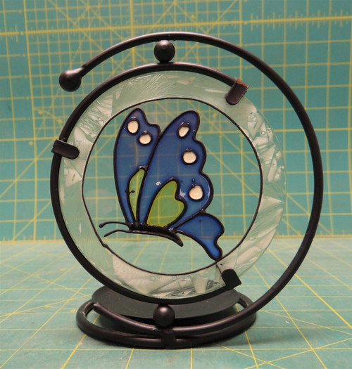 Handcrafted Stained Glass Style Blue & Yellow Butterfly Candle Holder Shade 4¾"