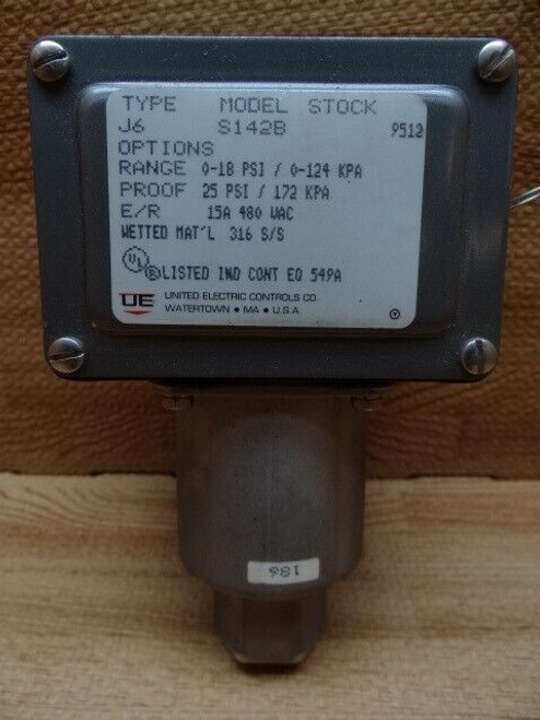 United Electric Pressure Switch, Type J6, Model S142B, 0-18 PSI