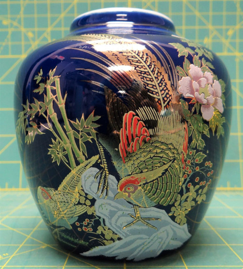 Cobalt Blue Gold Accented Pheasant Japanese Style Ginger Jar 4.5"H x 4"D w/o Lid