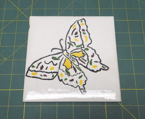 Handmade Painted Ceramic Tile Trivet Hot Plate White w/ Colorful Butterfly 6"x6"