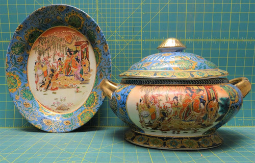 Large Ornate Handcrafted Porcelain Chinese Tureen With Lid, Platter Serving Bowl