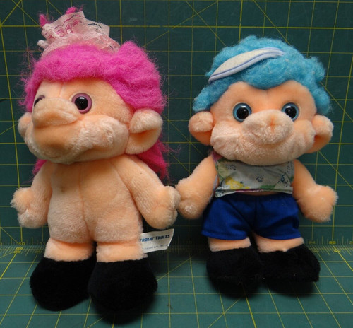10" Trolio Troll Dolls 1992, Blue and Pink Hair Plush Stuffed Animal (Lot of 2)