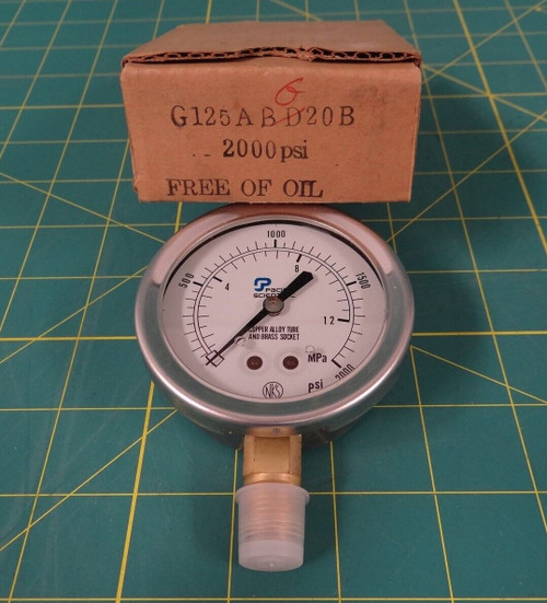 2000 PSI Pressure Gauge Liquid Filled Copper/Brass Pacific Scientific G125ABG20B