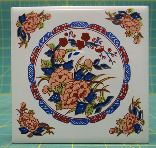 Hand Crafted Ornate Pink & Blue Floral Flower Footed Trivet Ceramic Tile 4-1/4"