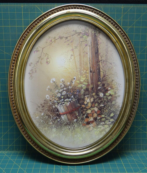 Vintage Oval Framed Gold Tone Matted Art Floral Woods Arrangement Decor