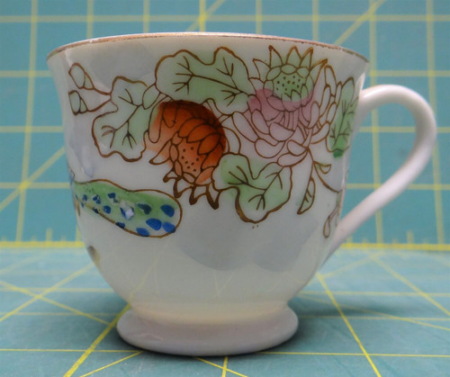 Hand Painted Floral Peacock Gold Accent Demitasse Tea Cup 2.5"D x 2.25"H Japan
