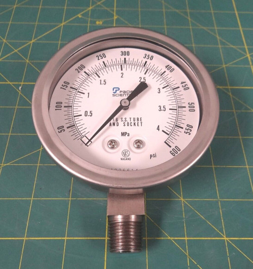 Pacific Scientific 4.5" Pressure Gauge 316 S. S. Tube and Socket - 0 - 600 PSI