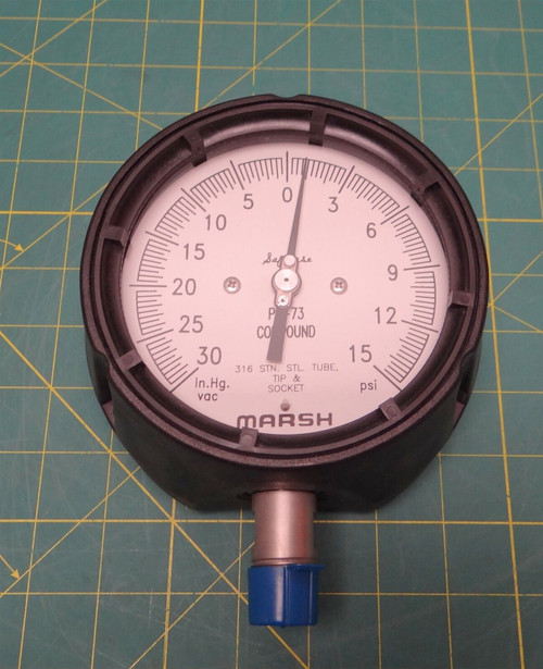 Marsh 4" Vacuum / Pressure Gauge 30-0-15 HG x PSI P/N P5610 1/2" NPT 