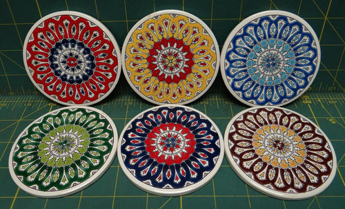 (6) 90mm 3.5" Hand Painted Coasters Ceramic Cup Holders Handmade in Greece