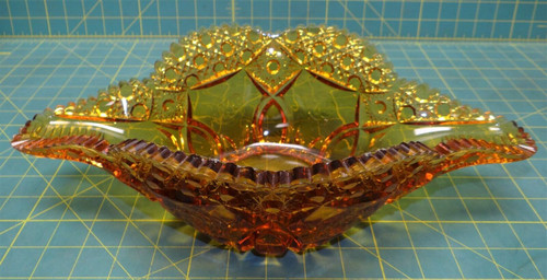 Kemple Amber Pressed Glass Hobstar Diasy Button Long Relish Serving Bowl 14.25"