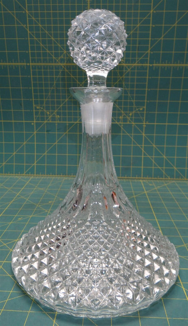 Vintage Crystal Faceted Diamond Pattern Ships Decanter with Stopper 12"H, 7.5"D