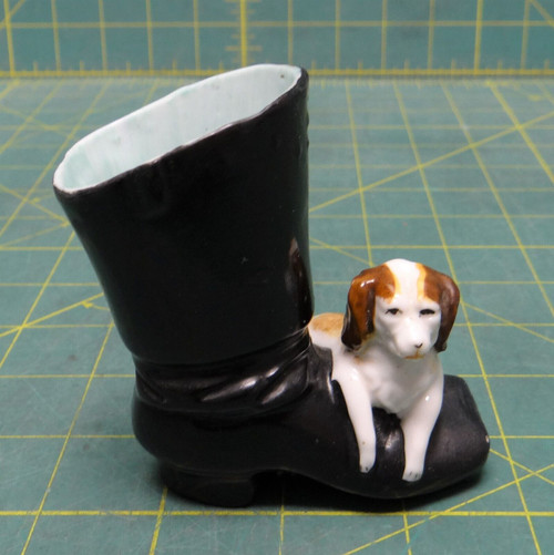 Antique Dresden Porcelain Beagle Spaniel Dog Puppy on Boot Toothpick Holder #58