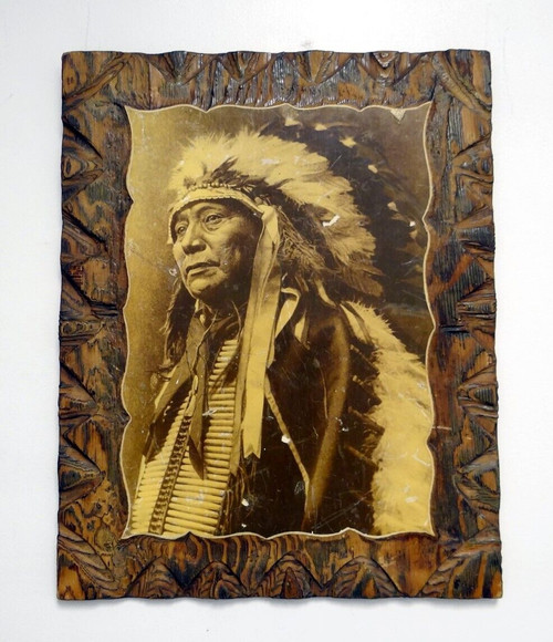 Carved Wooden Plaque with Art Print of Sioux Chief Running Antelope