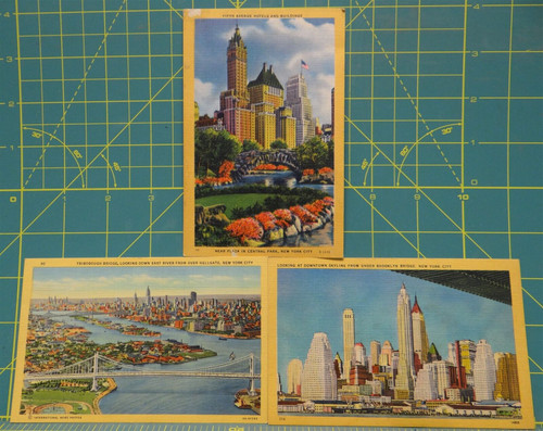 Vintage Linen NYC Postcards, Triborough Bridge, Downtown Skyline, 5th Avenue