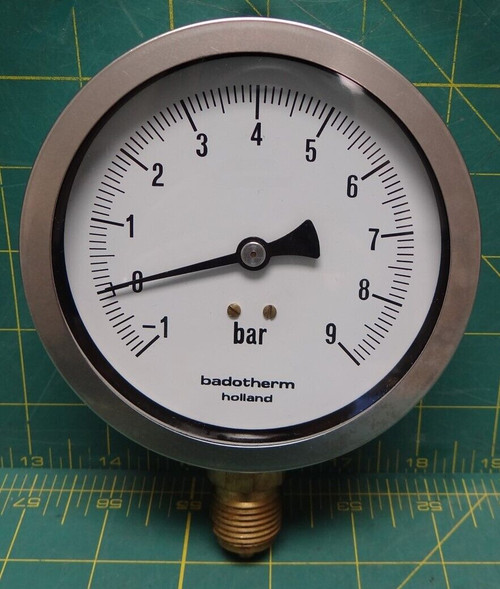 Badotherm 4" Pressure Gauge  -1-0-9 BAR  Lower 1/2 NPT Special Nipple