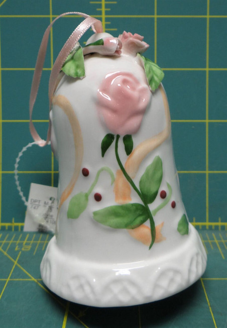Vintage Porcelain Christmas Rose Flower Holiday Ornament Bell 4"H x 2.5" Diam