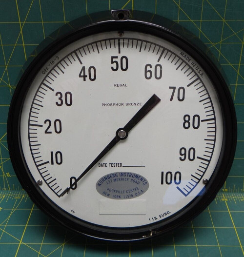 8 1/2" Nurnberg Regal Pressure Gauge 0-100 PSI  Lower Back 1/4 NPT Connection